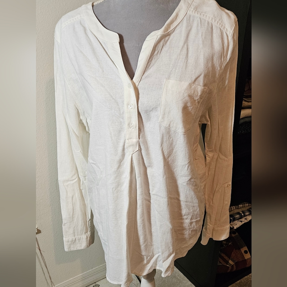 Christopher & Banks White Cotton Linen Long Sleeve Shirt